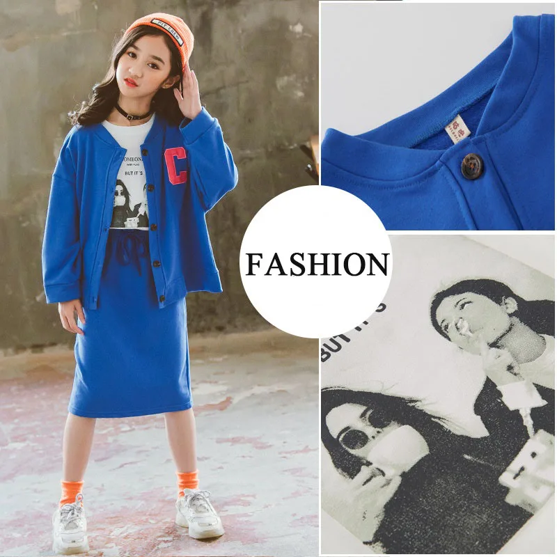 

Girls Clothes Autumn Blue Jacket T shirt Skirt suit Children Clothing Set Teenager Kids Tracksuit for Girls Outfits 10 12 Year