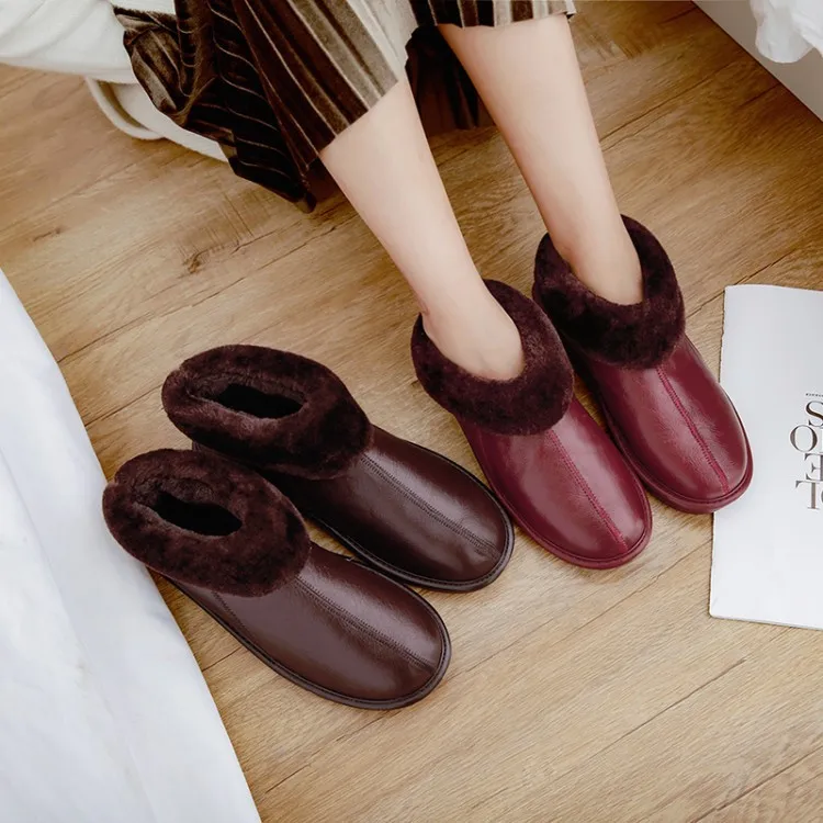 

19 Winter Genuine Leather Bag with Cotton-padded Shoes Men And Women Waterproof Rubber Sole plus Velvet Warm Slippers Not Genuin