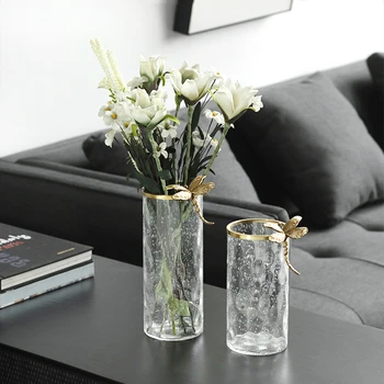 

Home Decor Accessories With Bubble Glass Vase Figurine Living Room Ornament Objects Office Gold Dragonfly Copper Statue Gifts