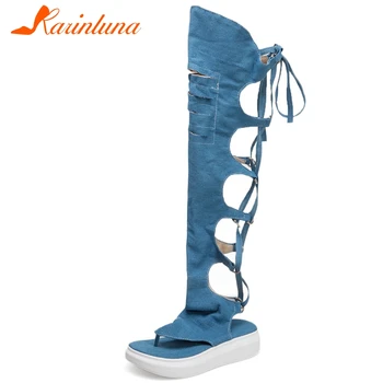 

Karinluna 2020 New Arrivals Large Size 43 Denim Fabric Lace-Up Solid Shoes Woman Sandals Female Casual Summer Sandals Women