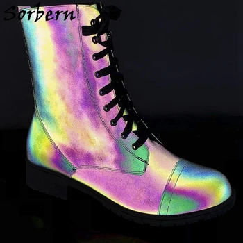 Sorbern Black Reflective Boots Women Ankle High Low Hoof Heel Round Toe Lace Up Short Boots Made-To-Order Booties Unisex
