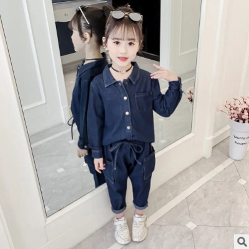 Детские комплекты одежды из джинсовой ткани Новинка года, весенне-осенние Size4-14 с отворотами синего цвета для девочек комплекты детской одежды комплект из 2 предметов ly337