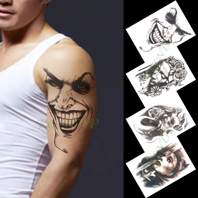 Водостойкая Временная тату наклейка отряд самоубийц клоун смайлик девушка цветок тату флэш-тату поддельные татуировки для мужчин и женщин