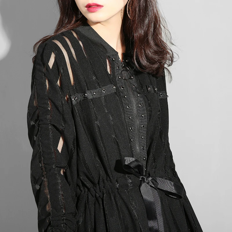 [EAM] новое осенне-зимнее Свободное платье с воротником-стойкой и длинным рукавом в черную полоску на молнии Женская мода JS958