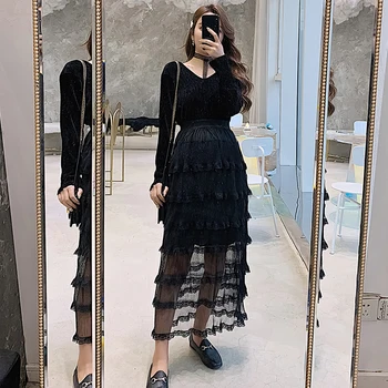 

maternity dress Pregnant woman spring dress cake skirt long-sleeved Korean version gauze dress