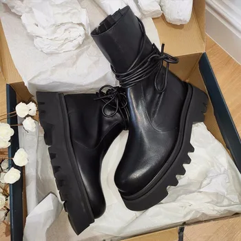 

2020 Autumn New Fashion Ankle Boots Lace Up Zipper Boots Woman Platform PU Leather Shoes Female Cool Ladies Comfortable