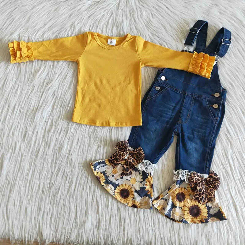 Wholesale Baby Girls Boutique Clothing Fashionable Kids Fall Yellow Top Bell Bottom Pants Suspender Overalls Children Outfit | Детская