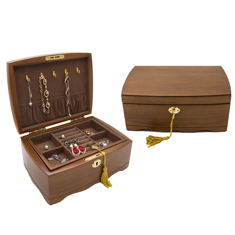 

Hot Wooden Jewelry Organizer Box With Lock Double Layer Jewellery Storage Cases Women Rings Necklace Gift Boxes