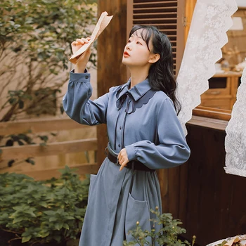 

COIGARSAM Office Lady Full Sleeve Shirt Womens tops Winter Vintage Solid Straight Women shirts Khaki Blue 5697