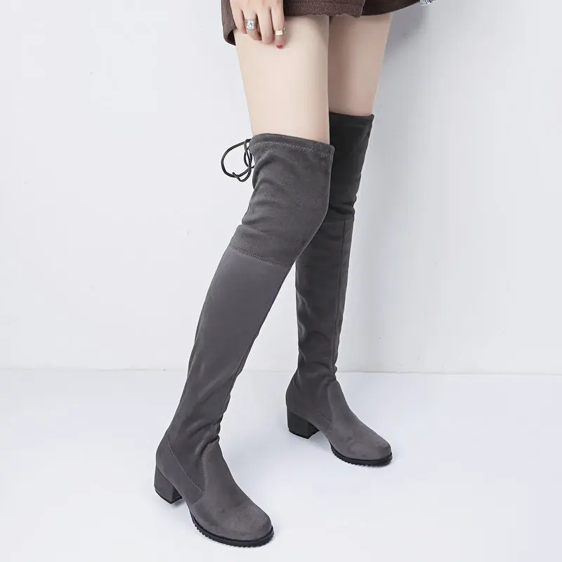 Women Boots Square low Heel Over The Knee Boots Stretch Boots Slip On Autumn Winter Fashion Stretch Knee High Boots Long Boots - Цвет: Темно-серый