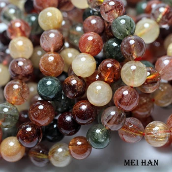 

Meihan Freeshipping (2 bra./set) Natural Brazil Colorful Rutilated Quartz 9-9.8mm smooth round loose beads for jewelry making