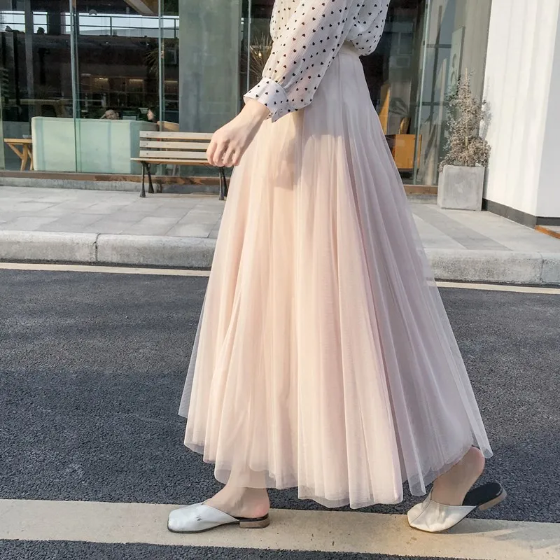 3-layer Mesh Boho Elegant Chiffon Long Skirt Women A-line Tulle Tutu Wedding Party Prom Pleated Maxi | Женская одежда