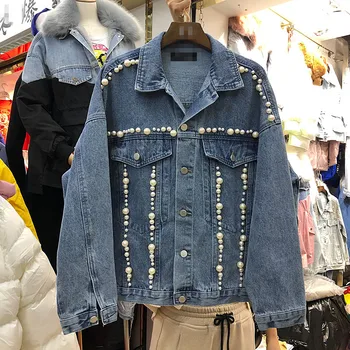 

Female Jacket 2020 Spring New Ins Large Pearl Beaded Loose-Fit Casual Long-Sleeve Denim Short Jacket Coat Ropa Mujer Chaqueta