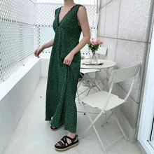  Lace V-neck Leopard Print Long Skirt Vest Dress 