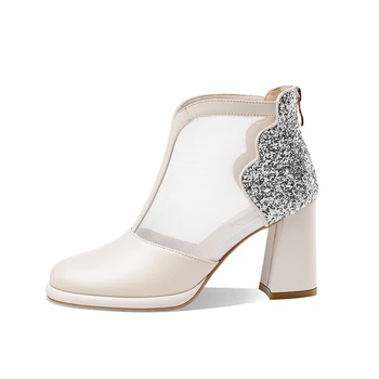 

Summer Women boots Genuine Leather reathable Mesh Ankle Boots Thick high Heels platform Boots bling Woman Shoes
