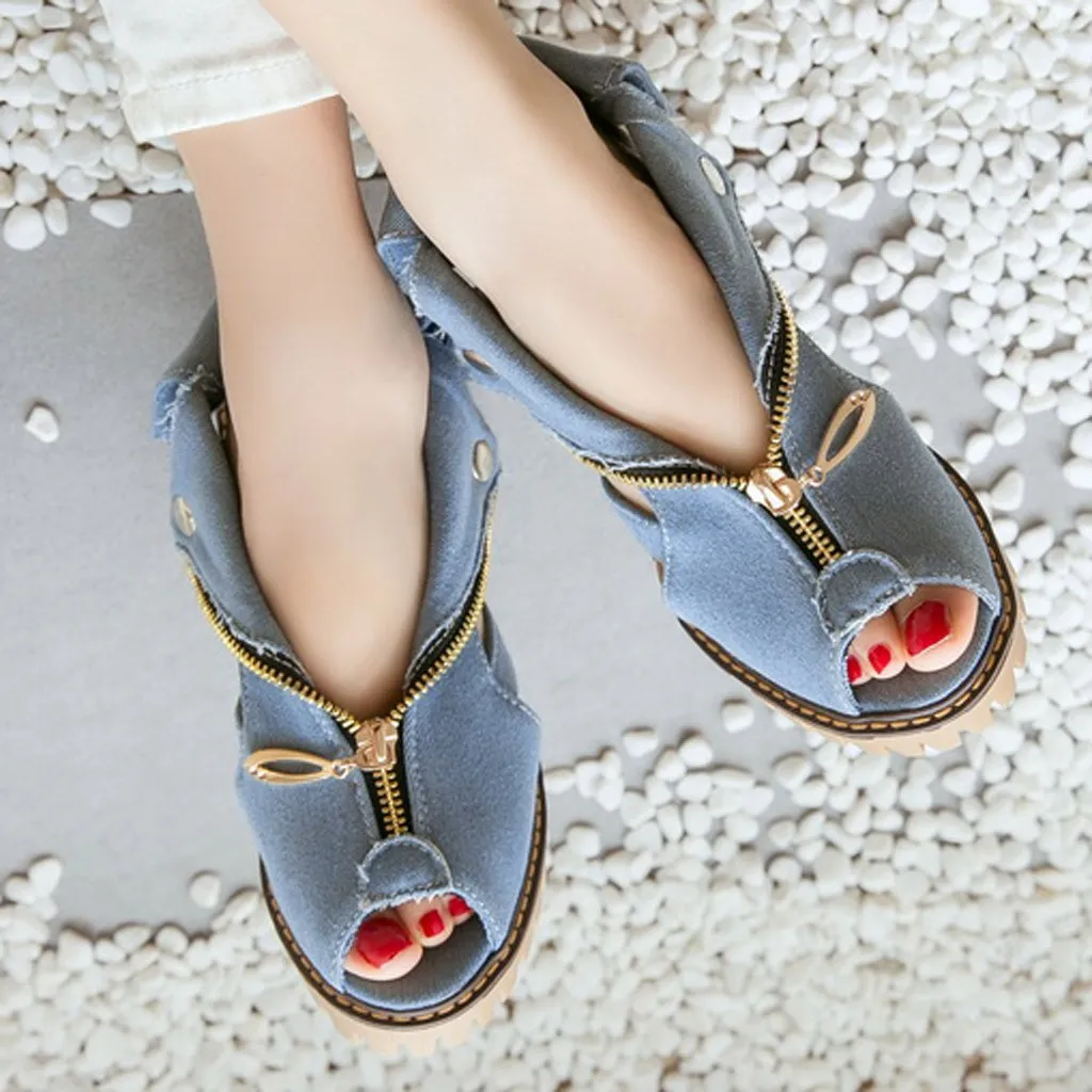 

HotPlatform Sandals Women's Cuffed Denim High Heel Sandals Thick Platform Fish Mouth Casual Zip Shallow Shoes Zapatos Mujer 2019