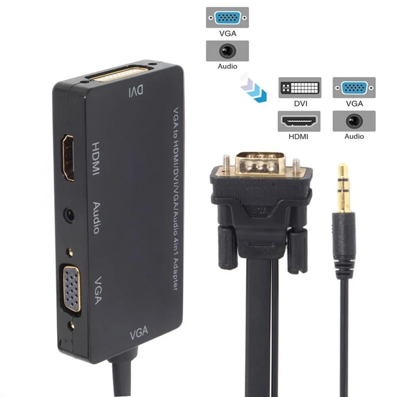 HFES Vga в Vga Аудио Hdmi Dvi 4 в 1 ключ Кабель-адаптер многопортовый сплиттер конвертер для Hdtv Pc монитор проектор черный