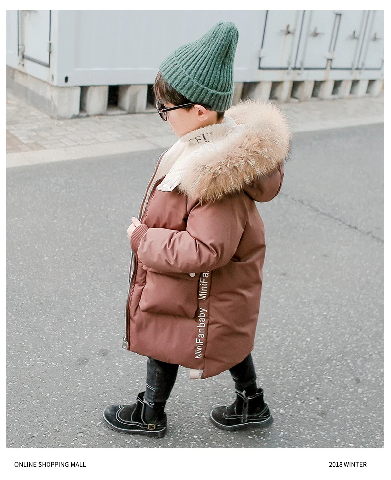 Горячие для мальчиков Новинка зимы пуховая куртка детская для мальчиков зимняя, Модный меховой воротник пальто с буквами для мальчиков; утепленная теплая куртка с капюшоном детская одежда