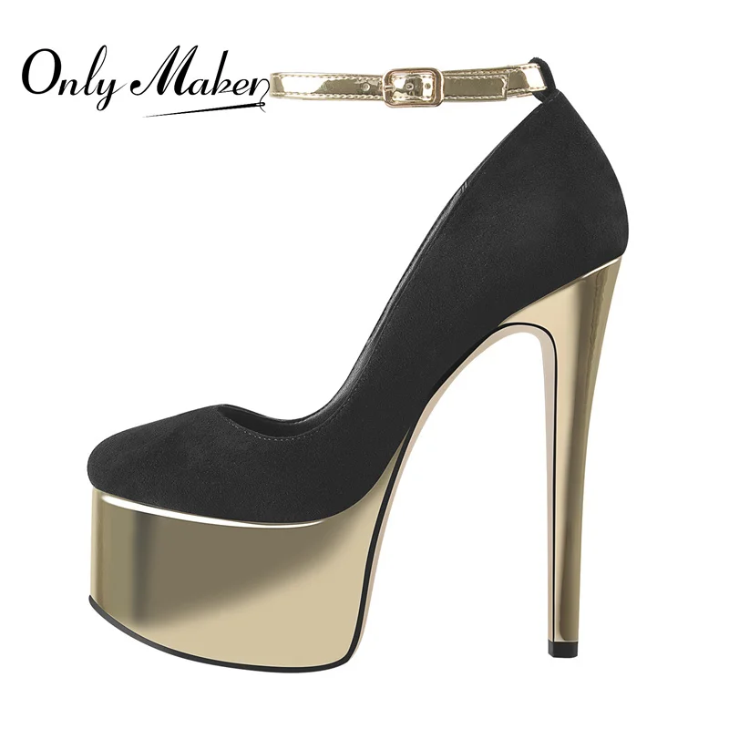 Onlymaker Concise Gold Platform Stiletto High Heel Pumps Black Faux Suede Ankle Buckle Large Size Elegant Wedding Shoes