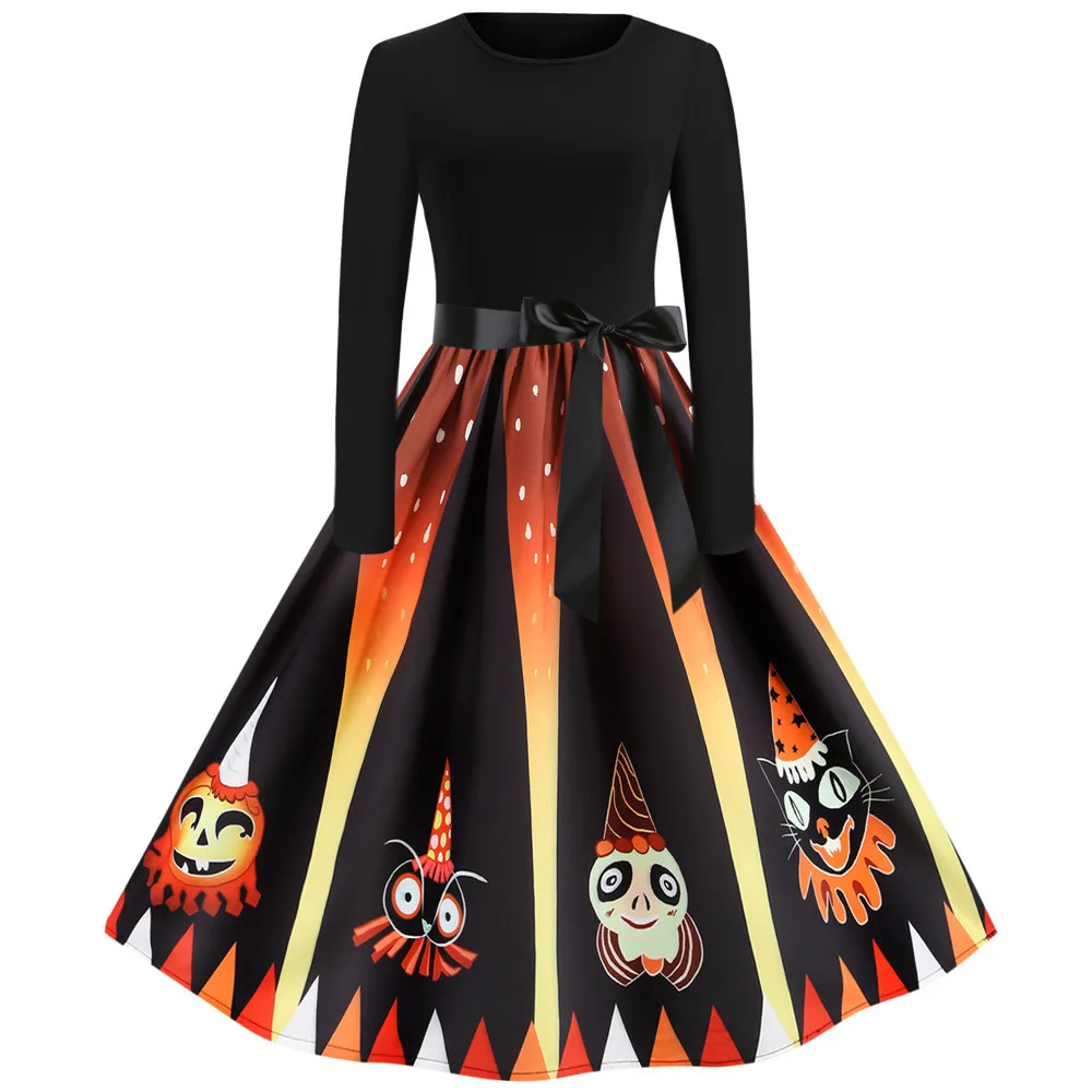 

Fashion Halloween Print Autumn Winter 2019 O-neck Long Sleeve Vintage Pin up Rockabilly Nightmare Before Christmas Dress Swing