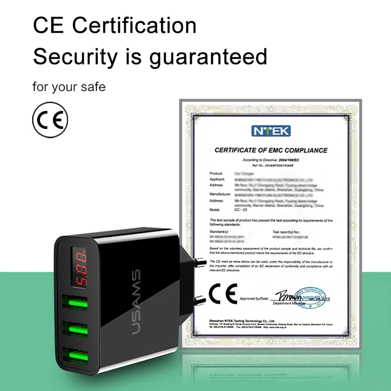 USAMS, 3 порта, USB зарядное устройство для телефона, светодиодный дисплей, штепсельная вилка европейского стандарта, всего макс., 3 А, умное быстрое зарядное устройство, мобильное настенное зарядное устройство для iPhone, iPad, samsung
