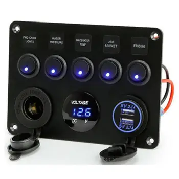 

5 Gang LED Rocker Switches Control Panel Circuit Charger Car Marine Blue