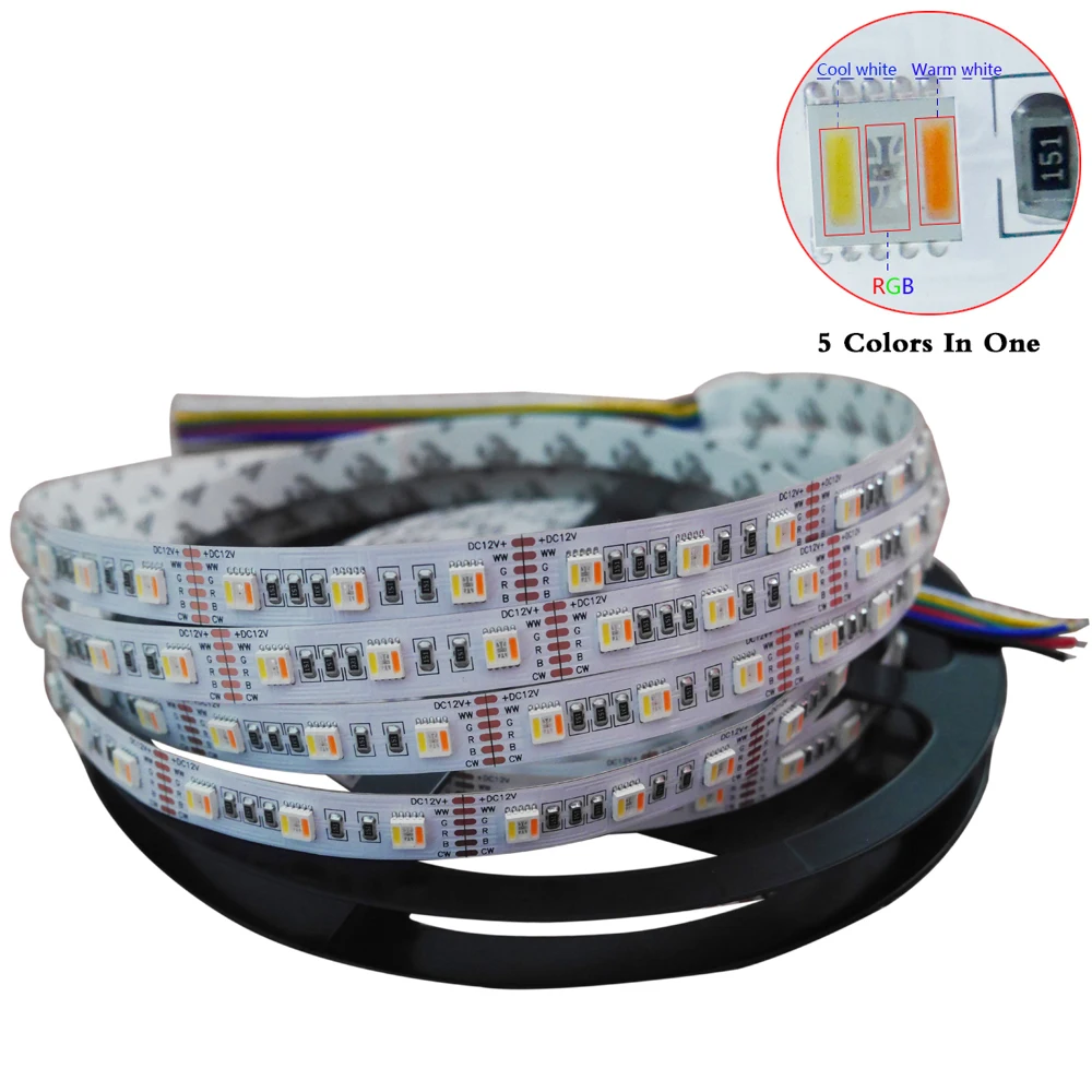 

5M/lot RGBWW LED Strip,5 color in 1 led chip SMD 5050 flexible light RGB+cool White&warm white,60Leds/m IP30/67;DC12V/24V