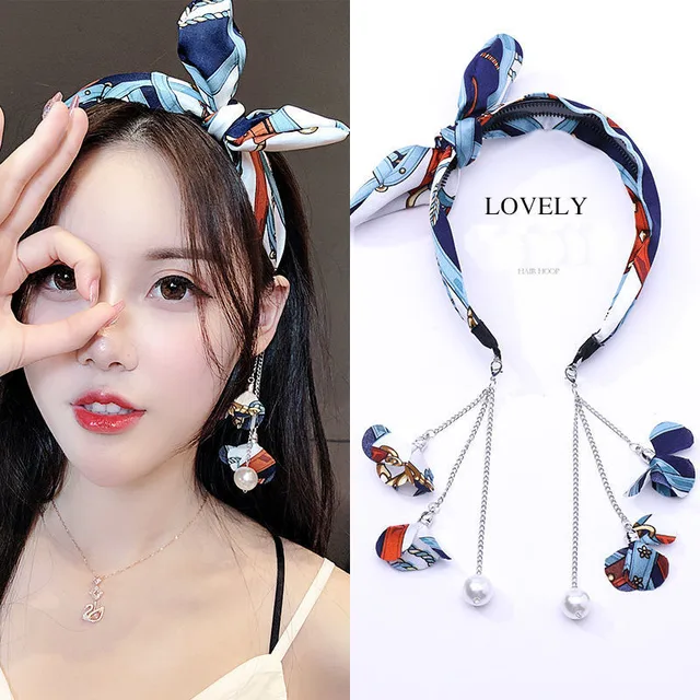 Women Removable Earring Ribbon Hairband Hair Hoop with Eardrop Headband Fashion Dangler Head Band Hair Accessories Headwear Blue