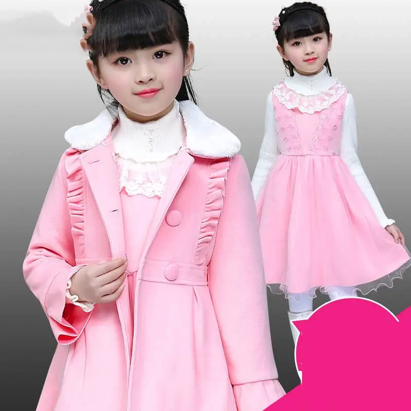Spring Autumn New Children Girl Warm Wool Coat+ Vest Dress Sets Kids Girls Faux Fur Collar Wool Blends Coats Clothing W264