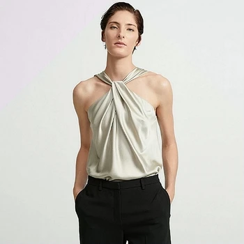 

100% Silk Top Women 93% Silk Sexy Y-shaped Design V Neck Sleeveless Solid Slim Tank Vintage Style Top Summer New Fashion