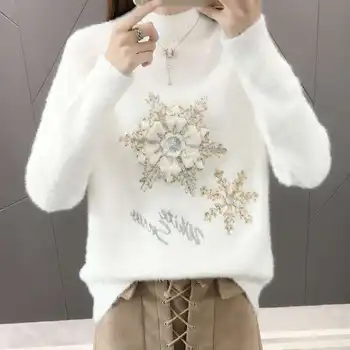 

Allyzozo Women Autumn Winter Embroidery Knitted Pullovers Sweaters Warm Thick Long Sleeve Black White Sweater Clothing