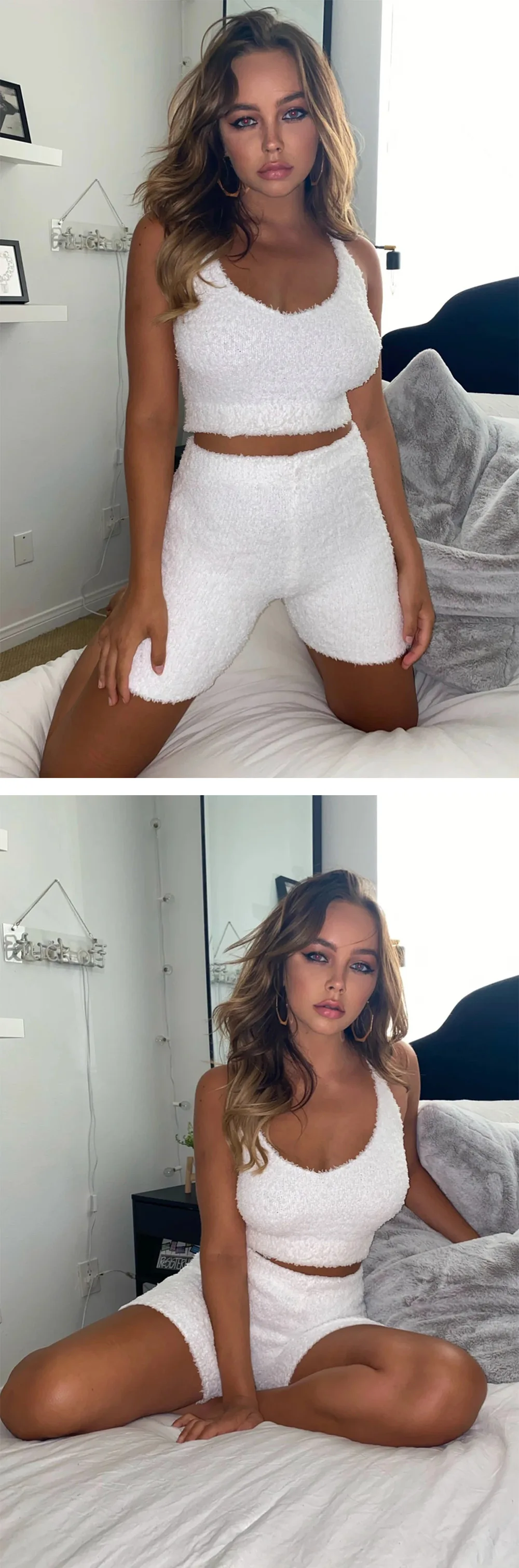 2PCS/Sets Sexy Fluffy Suits Velvet Plush Hooded Sleepwear Shorts+Crop Top Women Tracksuit Casual Sports Set Overalls Sweatshirts