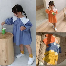 Свободное платье с воротником в морском стиле для девочек хлопковая Повседневная модная осенняя одежда с длинными рукавами для маленьких детей платья принцессы для маленьких детей