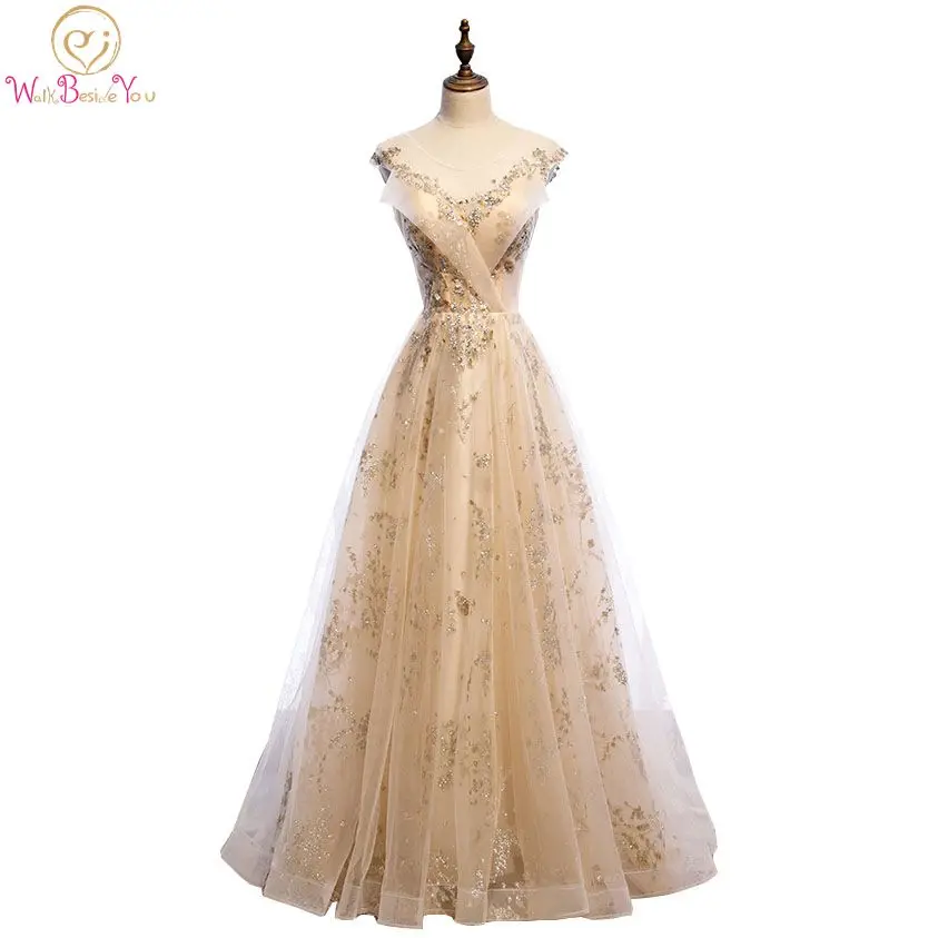 

Gold Evening Dresses 2020 Sequin A Line Scoop Neckline Long Floor Length Sleeveless Party Women Formal Prom Gown Walk Beside You