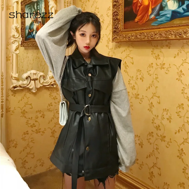 Autumn Fashion PU Leather Clothing Vest Female Waistcoat Women  Coat Lapel Sleeveless Jacket Outerwear Black and Sweatshirt