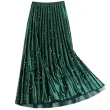Весна осень Новая Винтажная Вельветовая юбка с высокой талией, расшитая блестками, трапециевидная Женская сетчатая юбка в складку с высокой талией