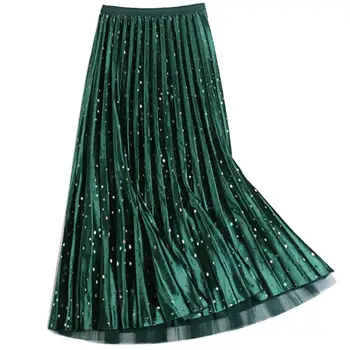 

2020 spring Autumn new vintage high waist sequined velvet skirt a-line women high waist mesh pleated skirt