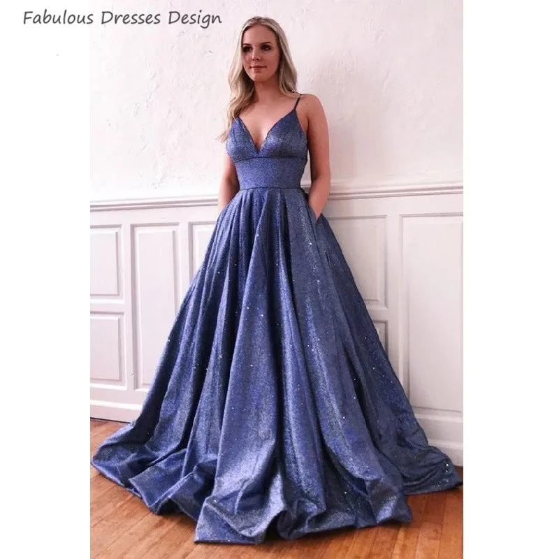

Bling Sequin Spaghetti Strap Prom Dresses Long Sexy V Neck A Line Evening Dress Party For Women 2020 Pocket Vestido De Festa