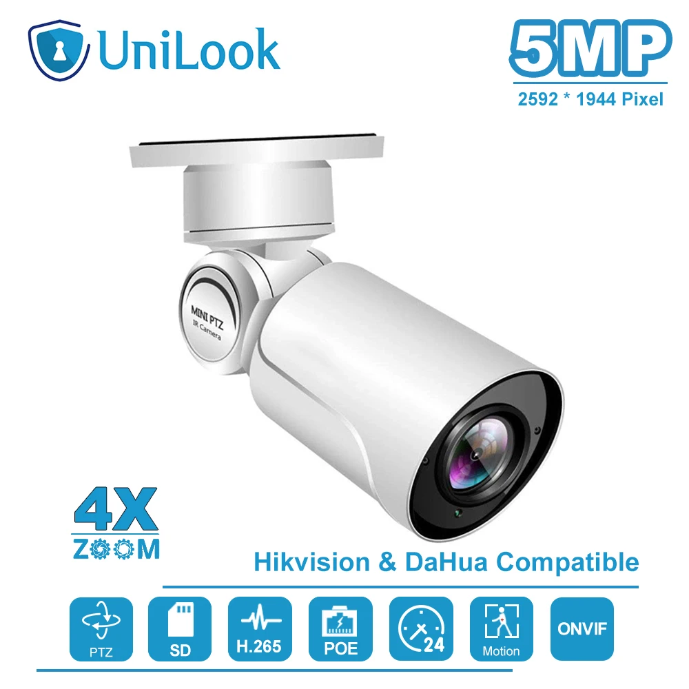 

UniLook(Hikvision Compatible) 5MP PTZ POE IP Camera 4X Zoom With Audio ONVIF Outdoor Security Weatherproof IR 40m H.265