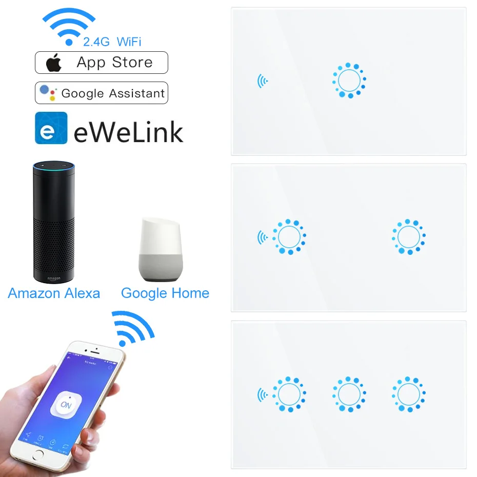 

1/2/3 Gang WiFi Touch Switch Wireless APP Control Wall Light Smart Switch US Standard Compatible with Amazon Alexa Google Home