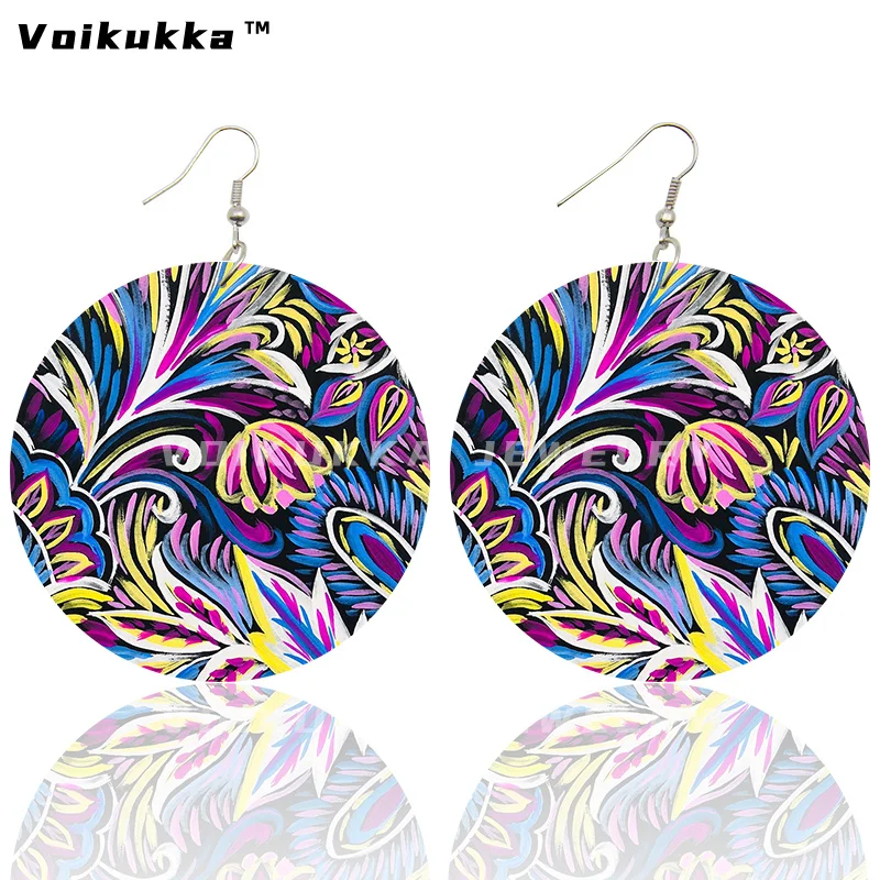 Voikukka Jewelry Hot Sale 6 CM Circle Both Sides Printing A Painted Floral Pattern Wooden Drop Dangle Women Earrings For Gifts Voikukka Jewelry Hot Sale 6 CM Circle Both Sides Printing A Painted Floral Pattern Wooden Drop Dangle Women Earrings For Gifts