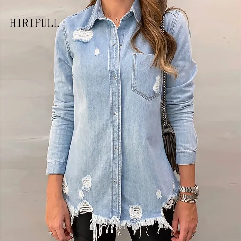 

Chemisier Femme 2019 Autumn New Fashion Ripped Hole Denim Blouse Women Personality Streetwear Lady Casual Slim Tops Jeans Shirts