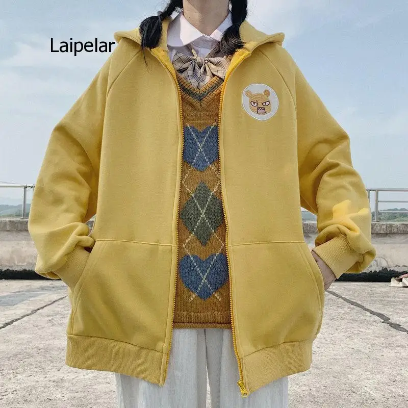 Autumn Winter New Korean Long Sleeve Japanese College Style Lovely Embroidery Hooded Zipper Coat Female