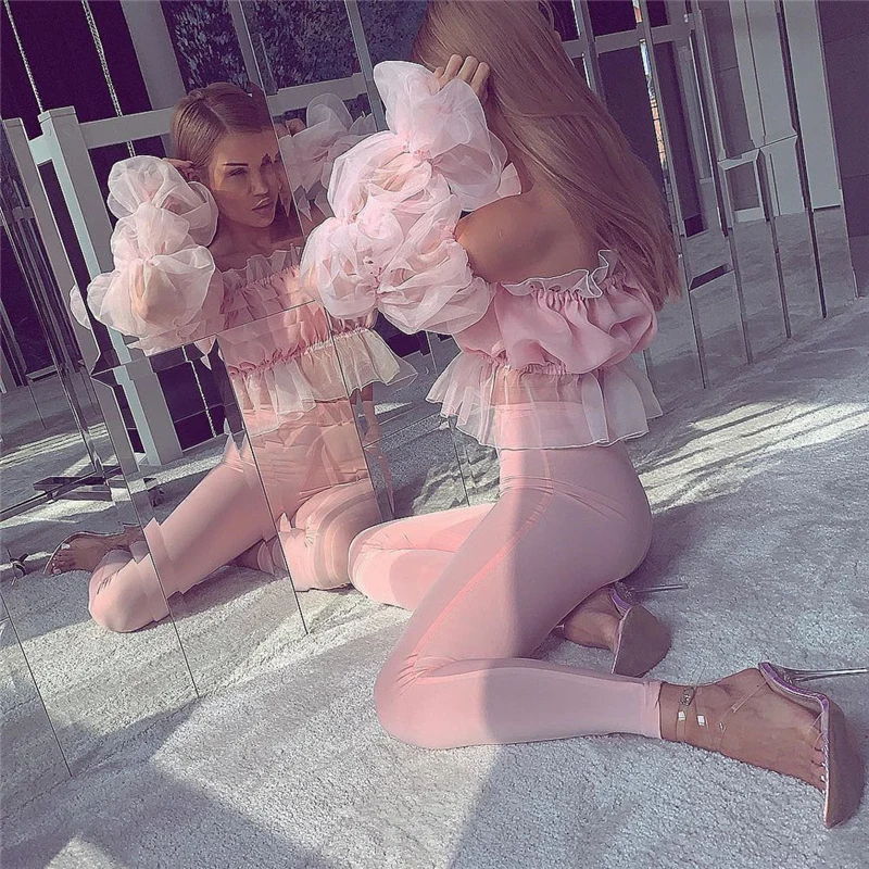 Модные женские туфли женственная сетчатая прозрачная укороченный топ вечернее платье для вечеринки, клуба, футболка с длинным рукавом Прозрачный футболка Femme Клубная одежда - Цвет: Розовый