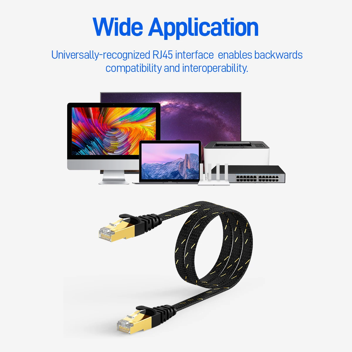AMPCOM CAT7 Ethernet Cable (10G 600MHz), Shielded Flat RJ45 Network Patch Cord, 50u Gold Plated Lead, Polyester Braided - 5
