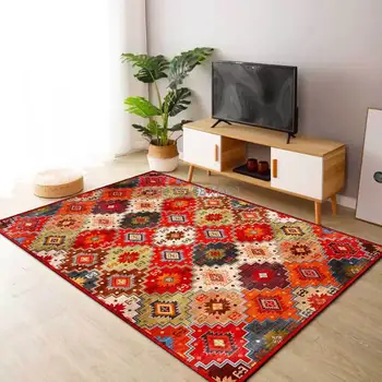 

Bohemian Rhombus Geometric Mosaic Ethnic Style Red Living Room Bedroom Bedside Carpet Floor Mats