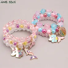  MHS.SUN 3Pcs Unicorn/Mermaid Charms Beads Bracelets Cute Baby Girls Plastic Beads Bracelets Party Jewelry For Kids Child Gifts 