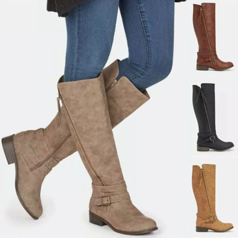 

PUIMENTIUA Women Boots Imitation Suede Shoes Winter Long Boots Women Footwear Knee Snow Boots Metal Buckle High Heel