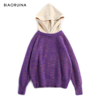

BIAORUINA 3 Colors Women's Casual All-match Mixed Colors Knitted Hooded Sweatshirt Female Fashion Loose Hoodies Pullovers
