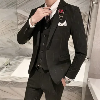 

New Fashion Mens Suit Jacket and Pants with Vest Black Slim Fit Men's Business Casual Suit Size S M XXL XXXL Men Wedding Suits